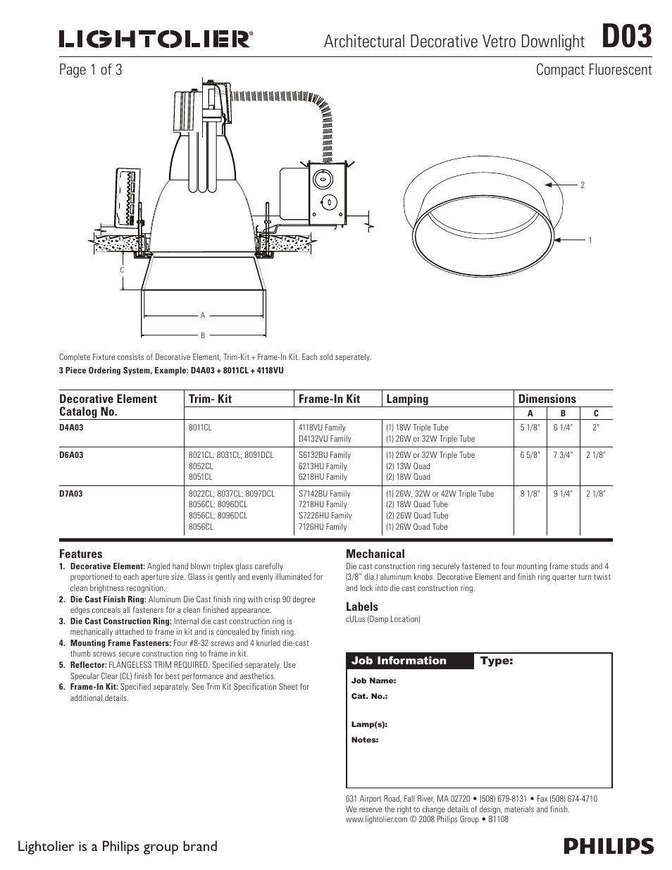 Lightolier Architectural Decorative Vetro Downlight D03 User Manual | 3 pages