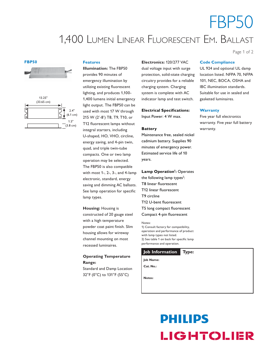 Lightolier FBP Series Fluorescent Emergency Ballast FBP50 User Manual | 2 pages