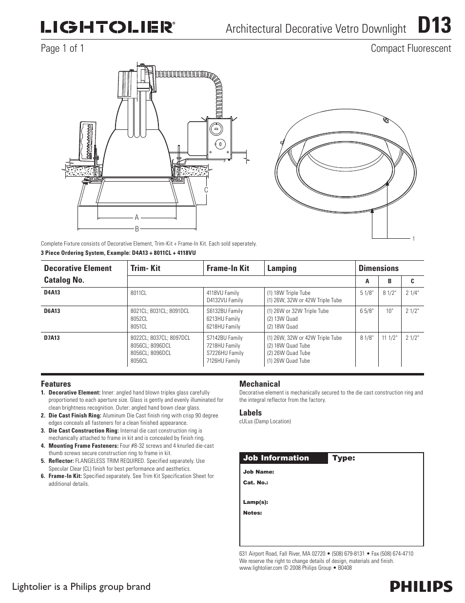 Lightolier Architectural Decorative Vetro Downlight D13 User Manual | 1 page