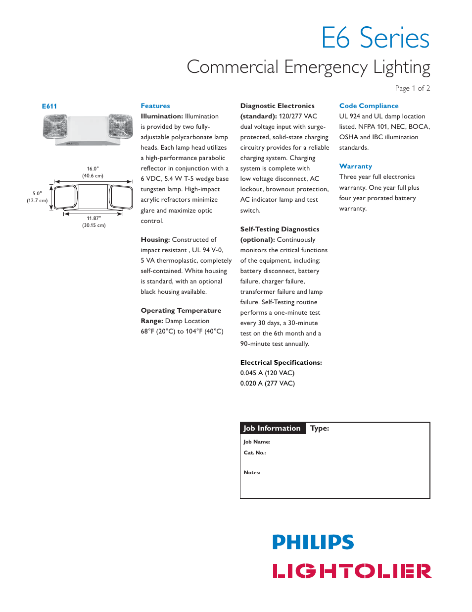 Lightolier Emergency Lighting E6 Series User Manual | 2 pages