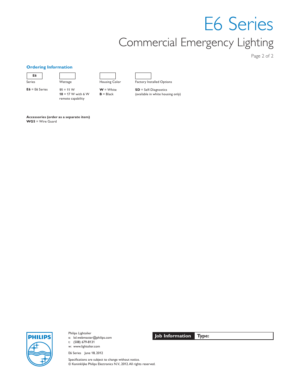 E6 series, Commercial emergency lighting | Lightolier Emergency Lighting E6 Series User Manual | Page 2 / 2