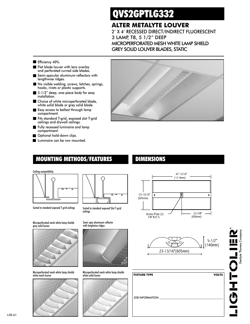 Lightolier ALTER METALYTE LOUVER QVS2GPTLG332 User Manual | 2 pages