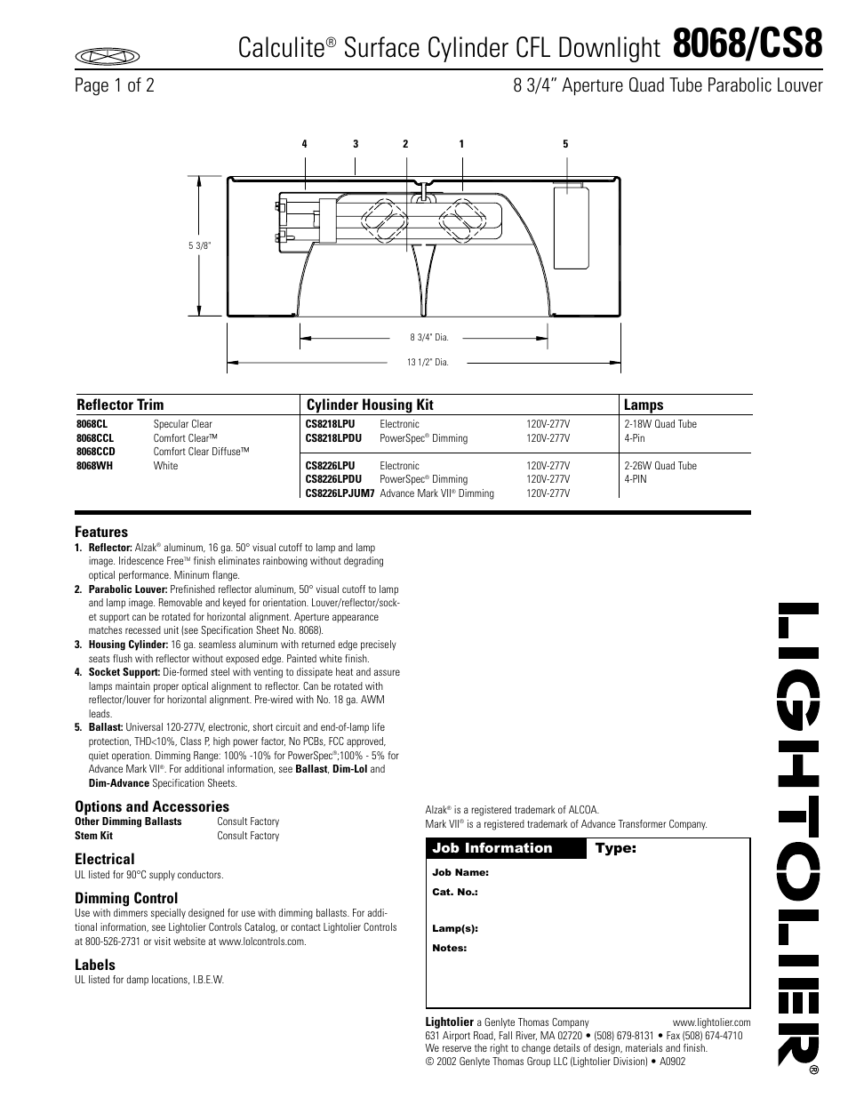 Lightolier 8068-CS8 User Manual | 2 pages