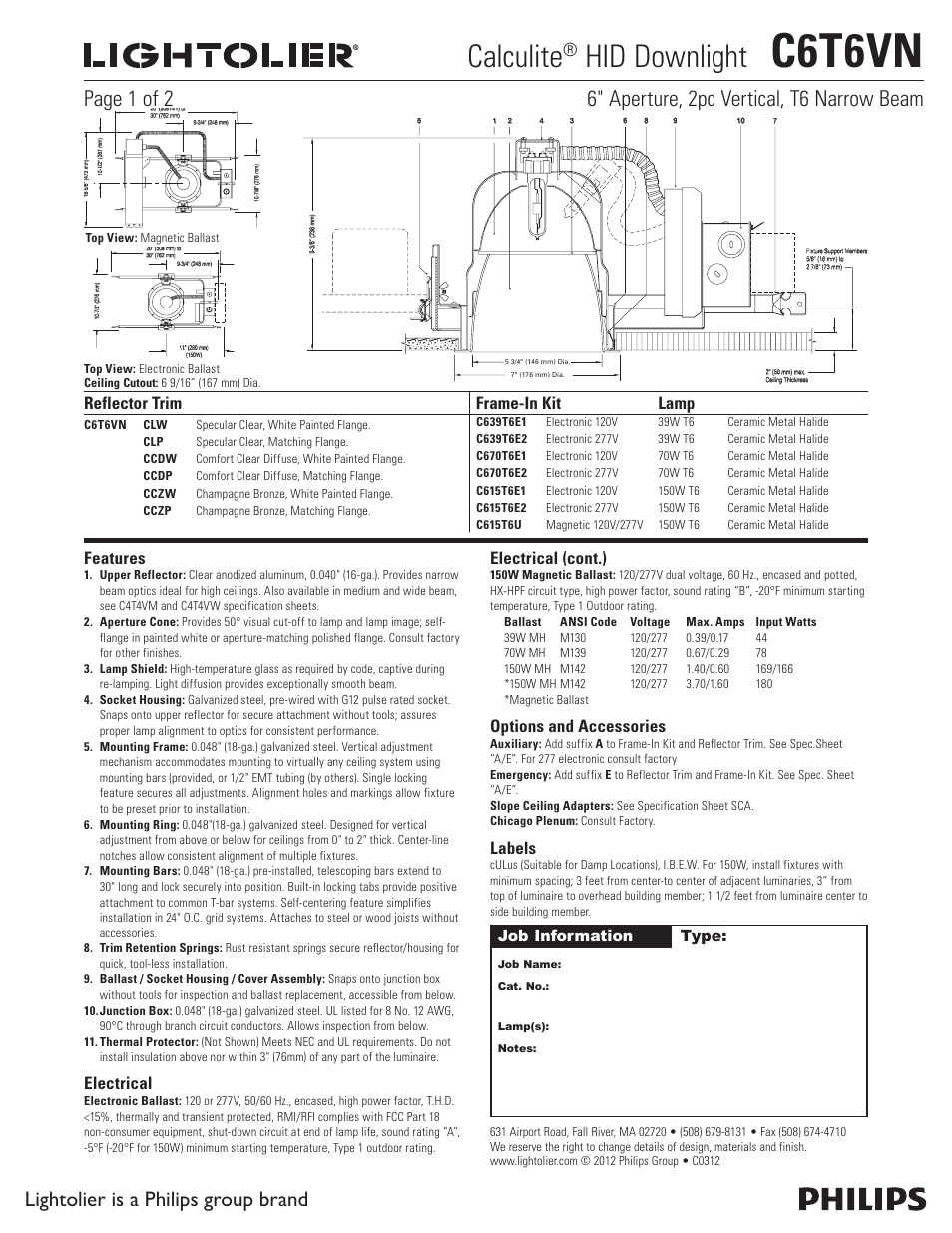 Lightolier Calculite HID Downlight C6T6VN User Manual | 2 pages