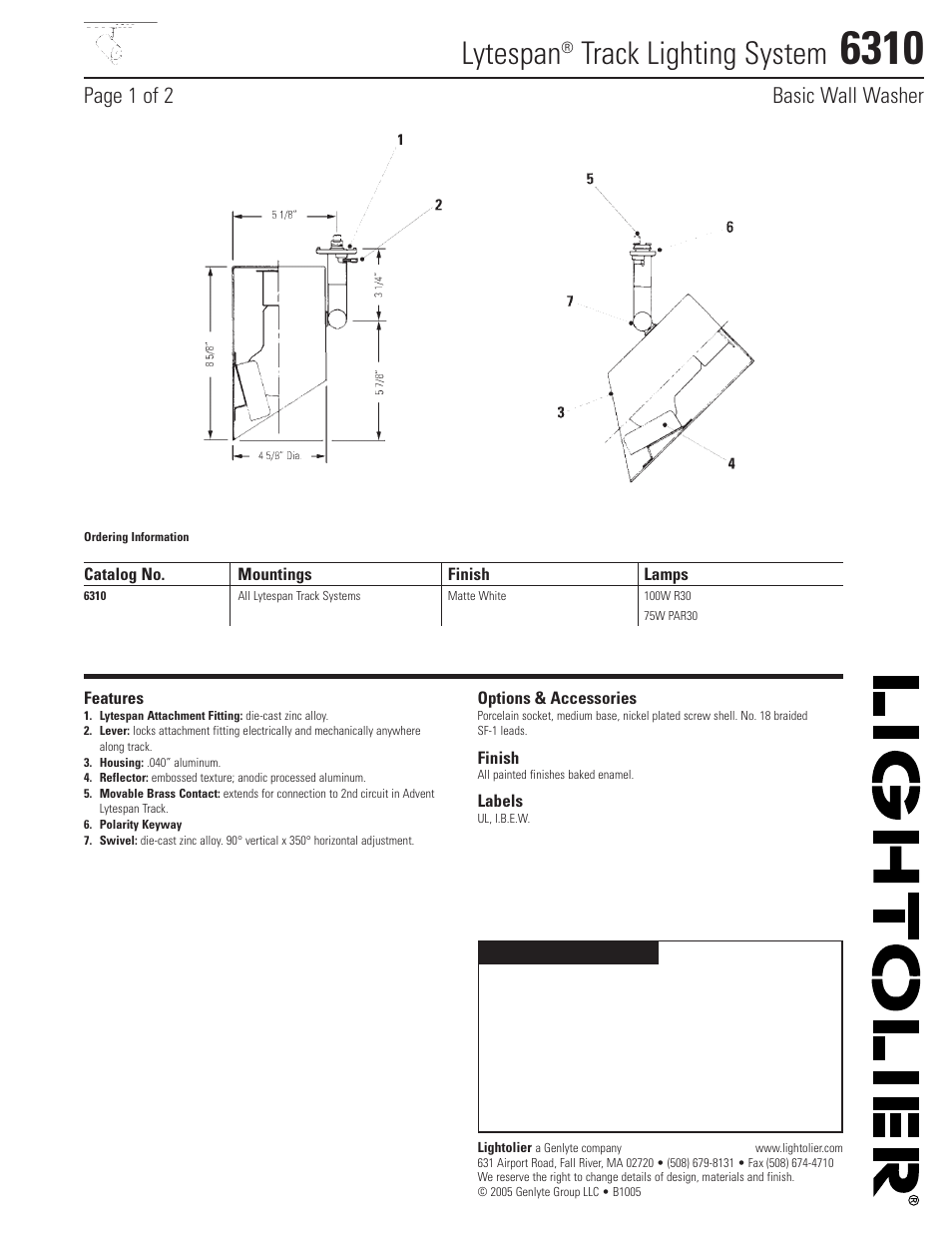 Lightolier Lytespan Track Lighting System 6310 User Manual | 2 pages