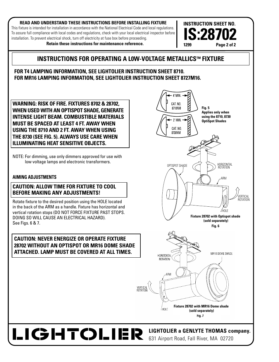 Instructions for operating a l0w-voltage metallics, Fixture | Lightolier 28702 User Manual | Page 2 / 2