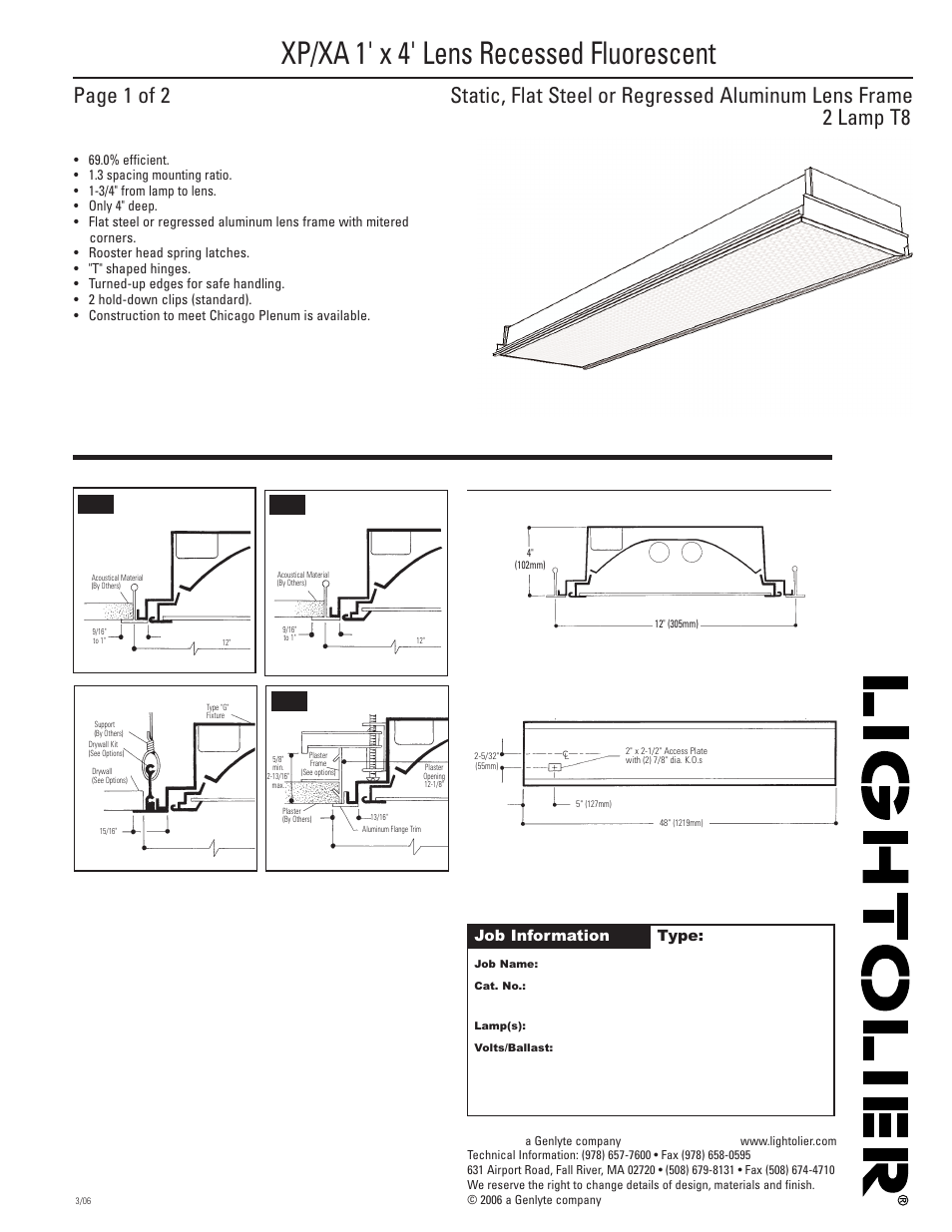 Lightolier XP/XA 1' x 4' Lens Recessed Fluorescent XP1GVA232 User Manual | 2 pages
