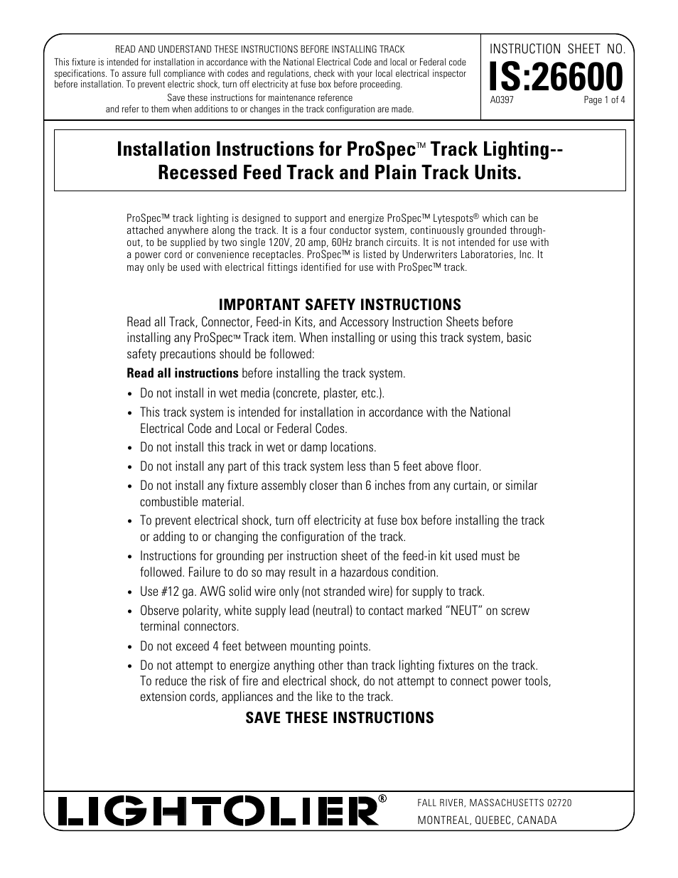 Lightolier ProSpec IS:26600 User Manual | 4 pages