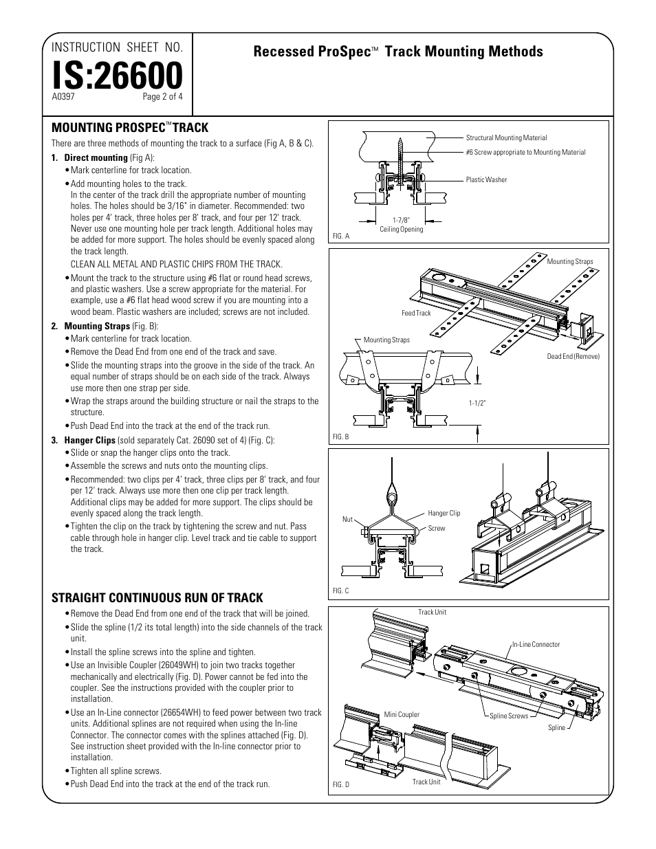 Recessed prospec, Track mounting methods, Instruction sheet no | Mounting prospec, Track, Straight continuous run of track | Lightolier ProSpec IS:26600 User Manual | Page 2 / 4