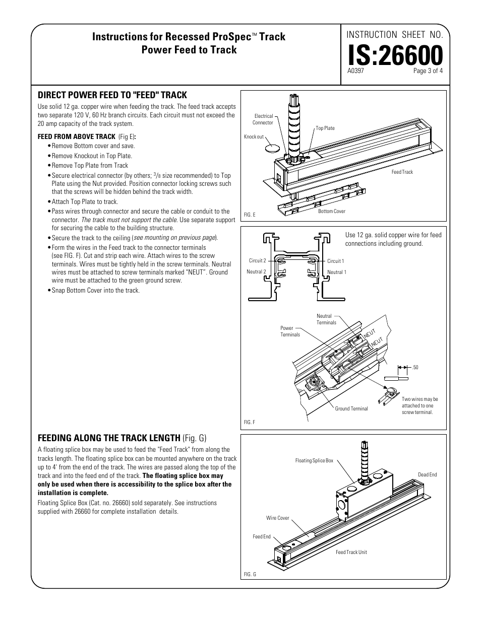 Instructions for recessed prospec, Track power feed to track, Instruction sheet no | Direct power feed to "feed" track, Feeding along the track length (fig. g) | Lightolier ProSpec IS:26600 User Manual | Page 3 / 4