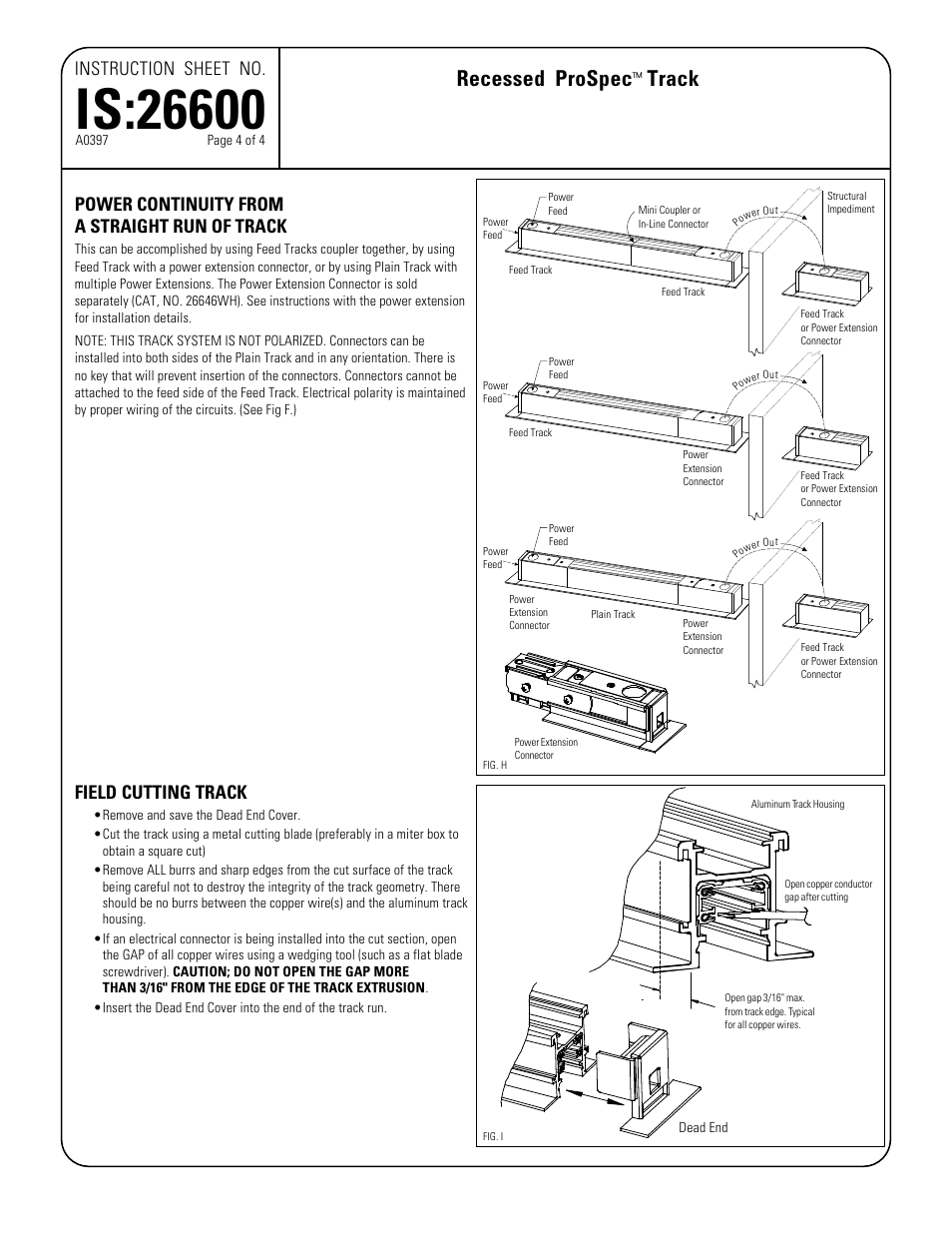 Recessed prospec, Track, Field cutting track | Instruction sheet no, Power continuity from a straight run of track | Lightolier ProSpec IS:26600 User Manual | Page 4 / 4