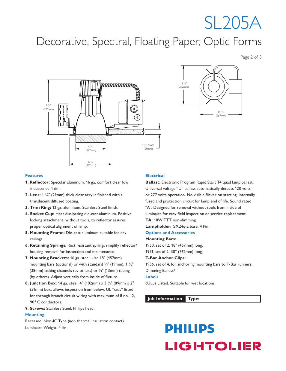 Sl205a, Decorative, spectral, floating paper, optic forms | Lightolier SL205A User Manual | Page 2 / 3