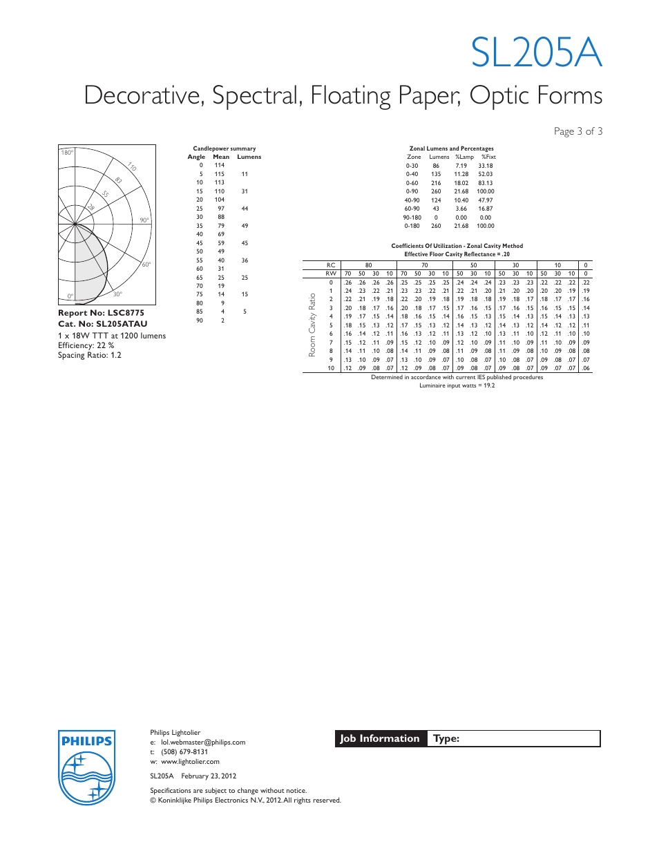 Sl205a, Decorative, spectral, floating paper, optic forms, Page 3 of 3 | Job information type | Lightolier SL205A User Manual | Page 3 / 3