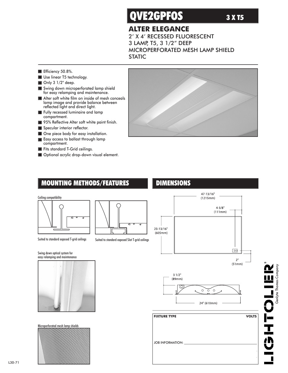 Lightolier Alter Elegance QVE2GPFOS User Manual | 2 pages