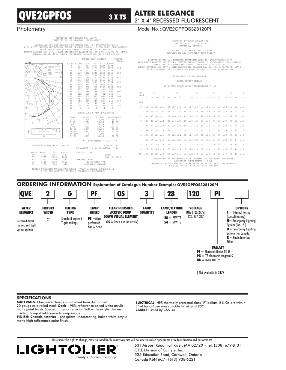 Qve2gpfos, 120 pi, Os 3 28 | 3 x t5, Alter elegance, Ordering information, 2’ x 4’ recessed fluorescent, Photometry | Lightolier Alter Elegance QVE2GPFOS User Manual | Page 2 / 2