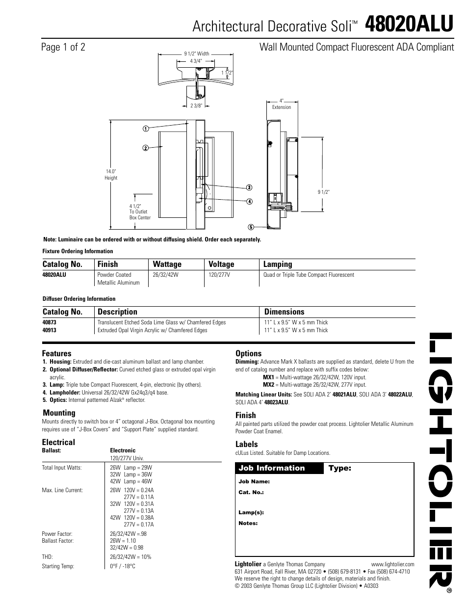 Lightolier Architectural Decorative Soli 48020ALU User Manual | 2 pages