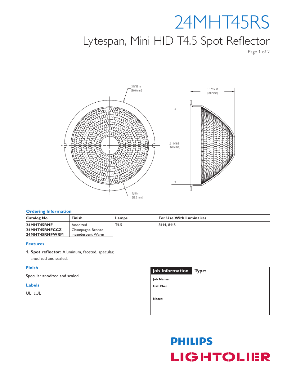 Lightolier Lytespan Track Lighting System 24MHT45RS User Manual | 2 pages