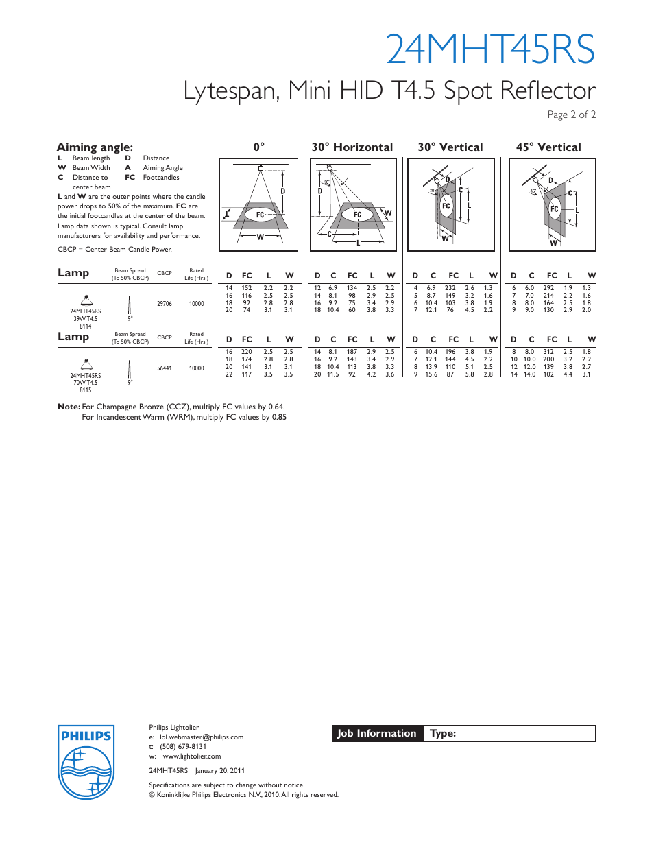 24mht45rs, Lytespan, mini hid t4.5 spot reflector, Lamp | Job information type, Page 2 of 2 | Lightolier Lytespan Track Lighting System 24MHT45RS User Manual | Page 2 / 2