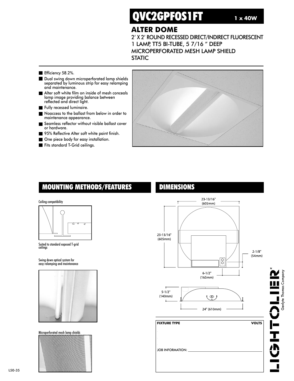 Lightolier Alter Dome QVC2GPFOS1FT User Manual | 2 pages