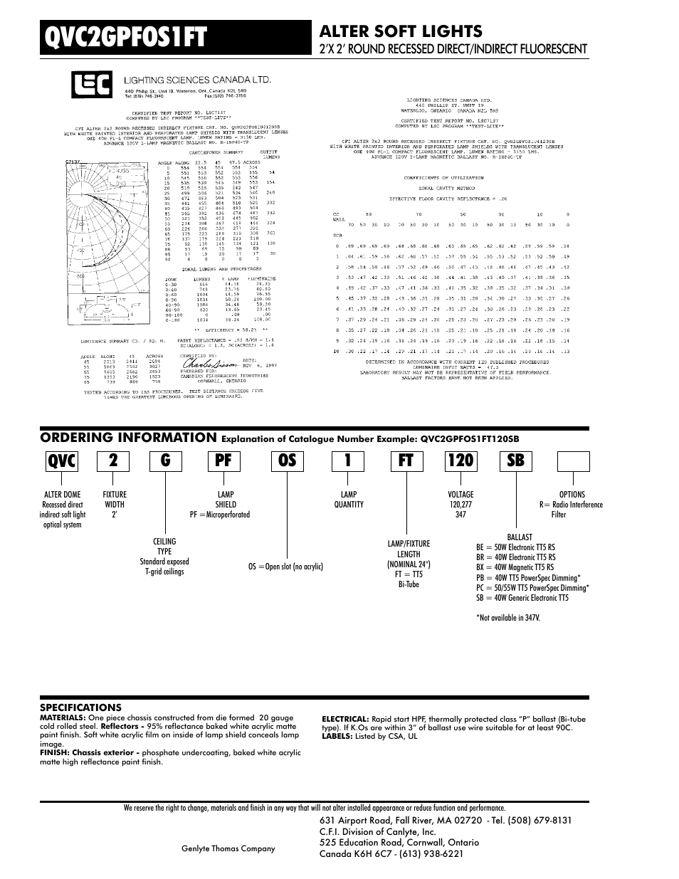 Qvc2gpfos1ft, Os 1 ft, Alter soft lights | Ordering information, 2’x 2’ round recessed direct/indirect fluorescent | Lightolier Alter Dome QVC2GPFOS1FT User Manual | Page 2 / 2