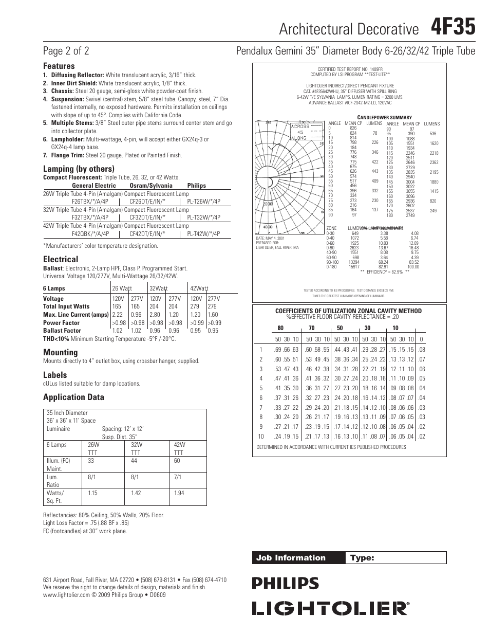 4f35, Architectural decorative, Features | Lamping (by others), Electrical, Mounting, Labels, Application data, Job information type | Lightolier Architectural Decorative 4F35 User Manual | Page 2 / 2