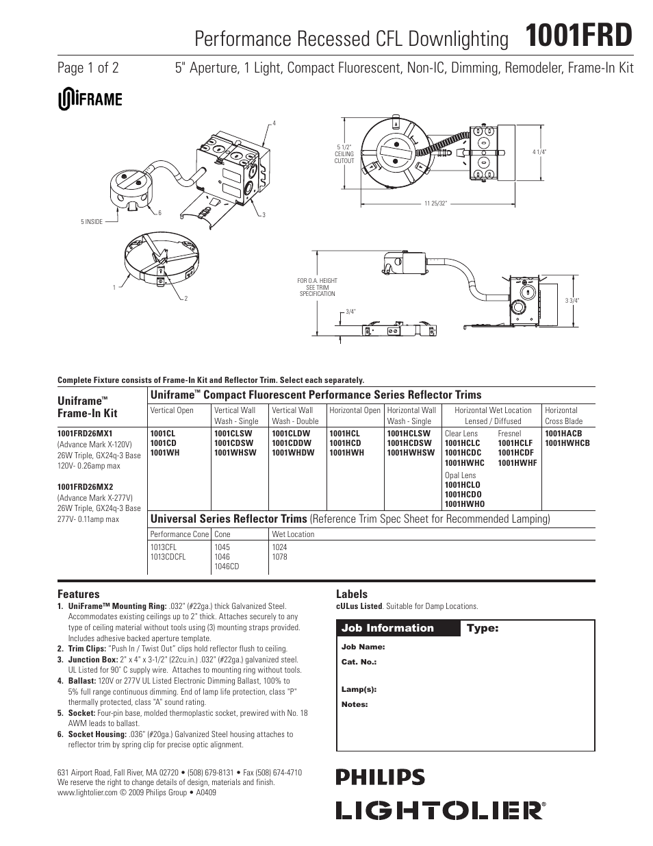 Lightolier 1001FRD User Manual | 1 page