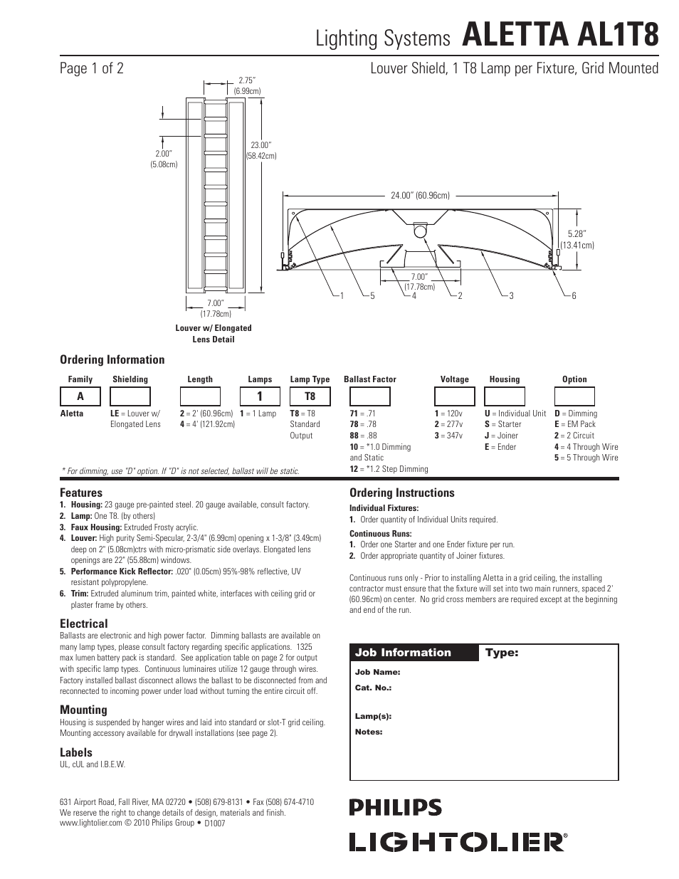 Lightolier ALETTA AL1T8 User Manual | 2 pages