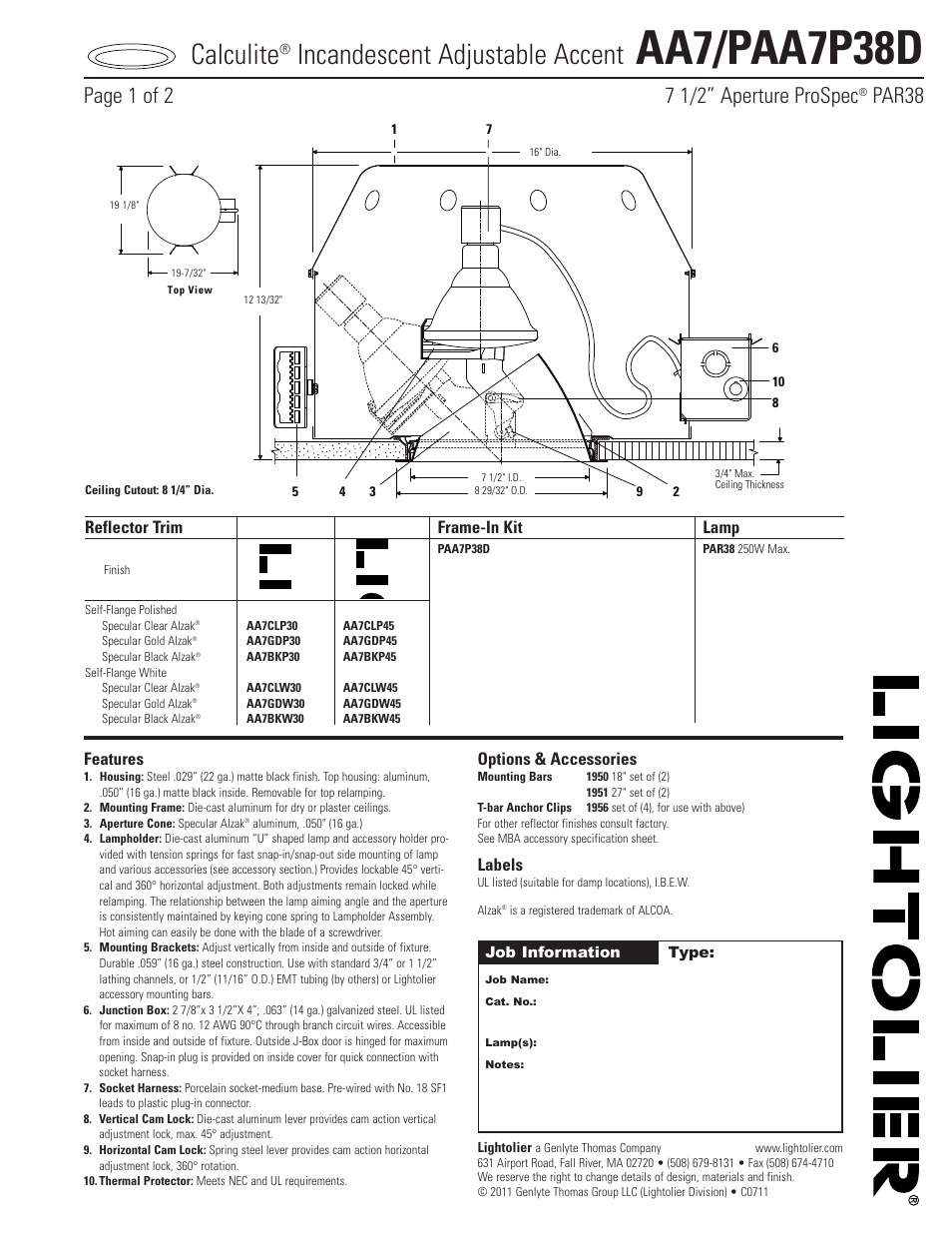 Lightolier AA7/PAA7P38D User Manual | 2 pages