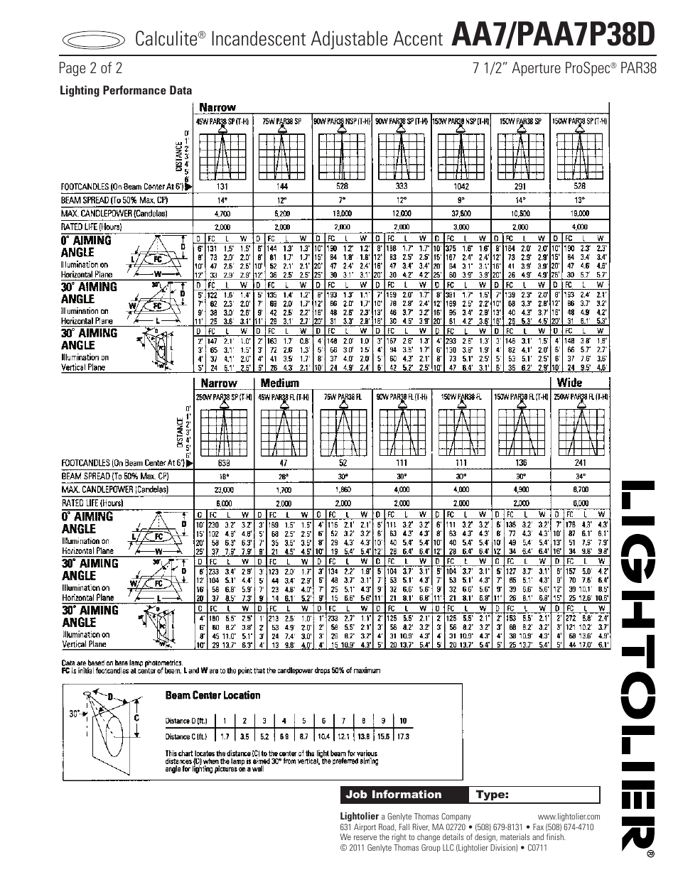 Aa7/paa7p38d, Calculite, Incandescent adjustable accent | Lightolier AA7/PAA7P38D User Manual | Page 2 / 2