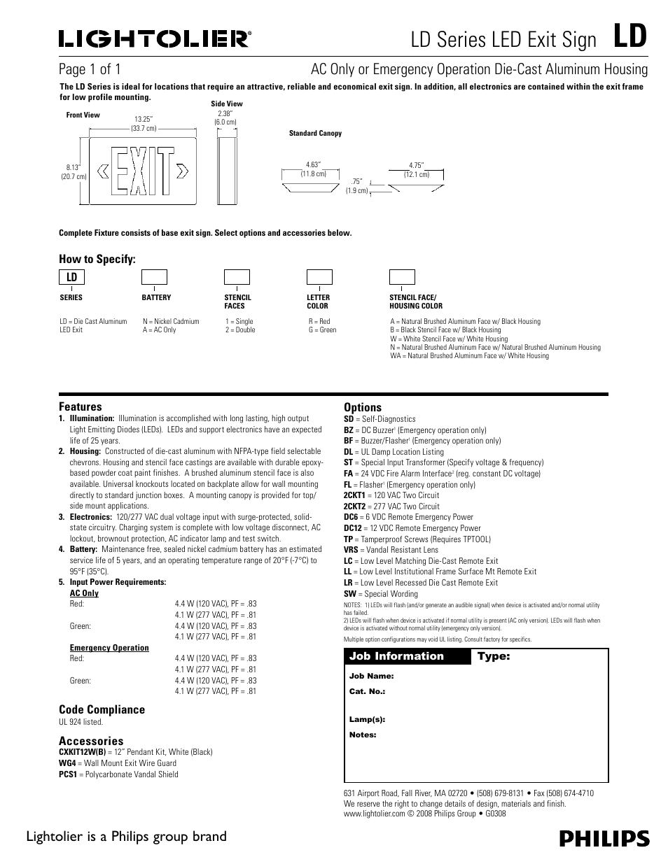 Lightolier LED Exit Sign LD Series User Manual | 1 page
