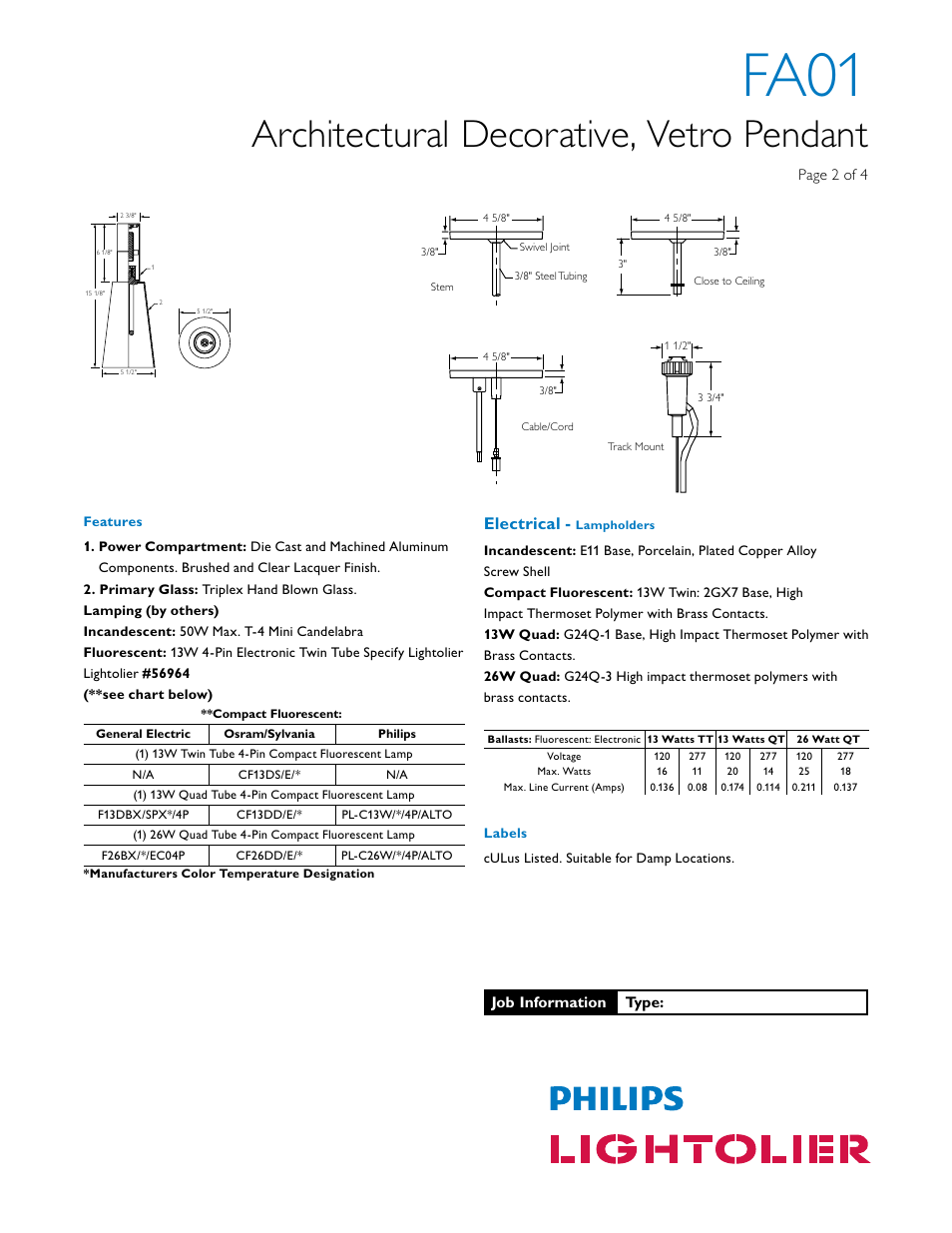 Fa01, Architectural decorative, vetro pendant, Electrical | Lightolier Architectural Decorative FA01 User Manual | Page 2 / 4