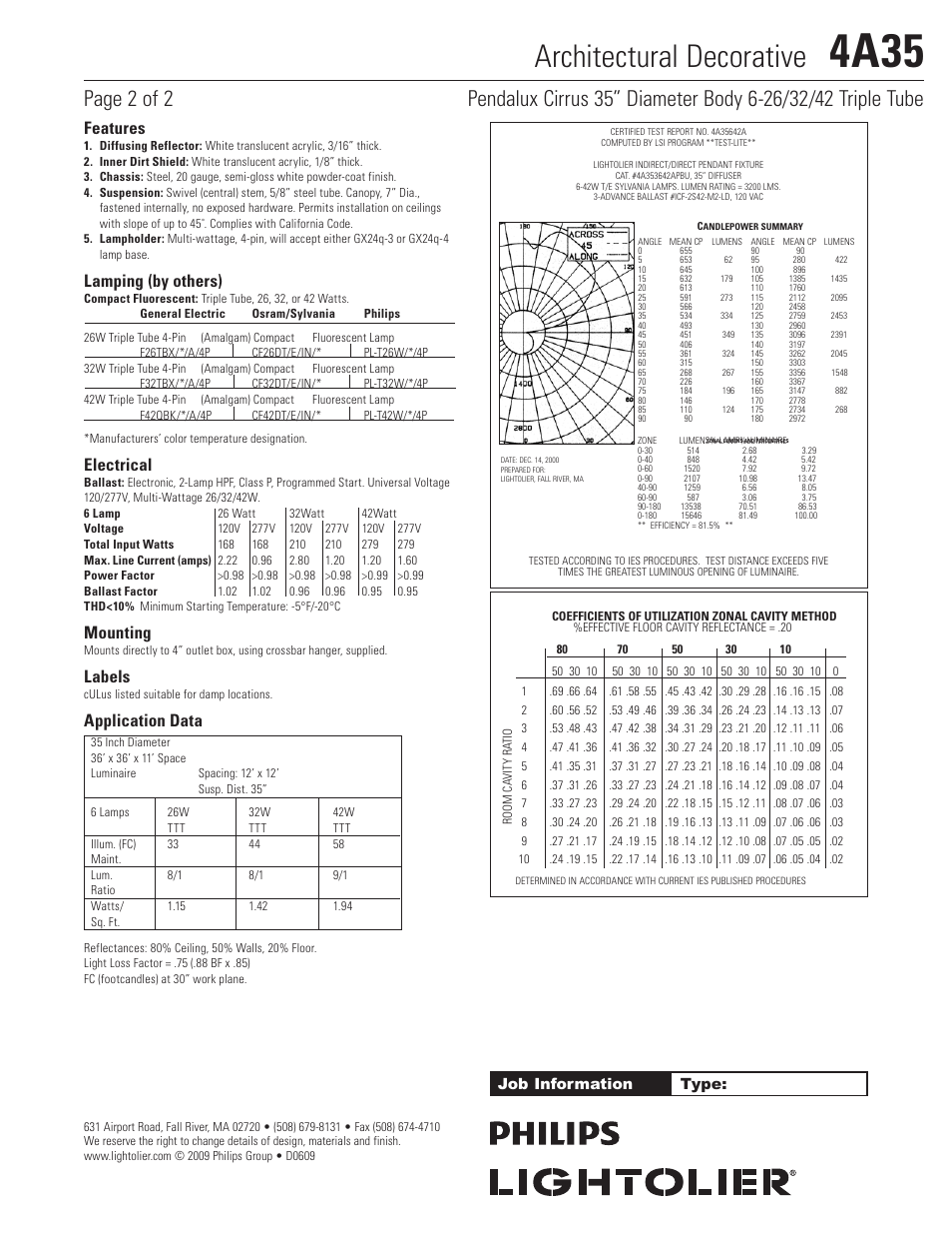 4a35, Architectural decorative, Features | Lamping (by others), Electrical, Mounting, Labels, Application data, Job information type | Lightolier Architectural Decorative 4A35 User Manual | Page 2 / 2