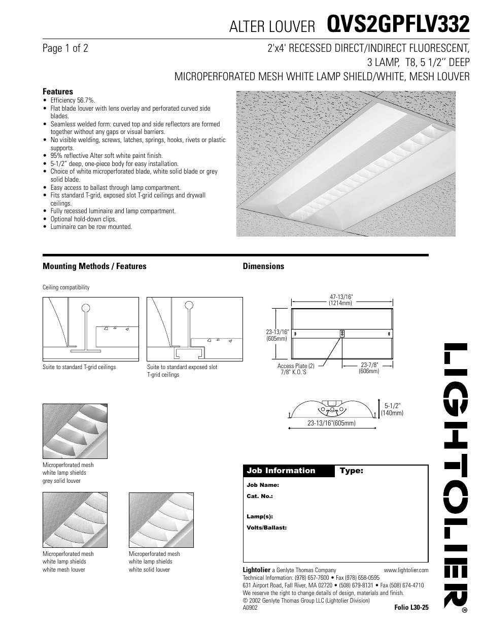 Lightolier Alter Louver QVS2GPFLV332 User Manual | 2 pages
