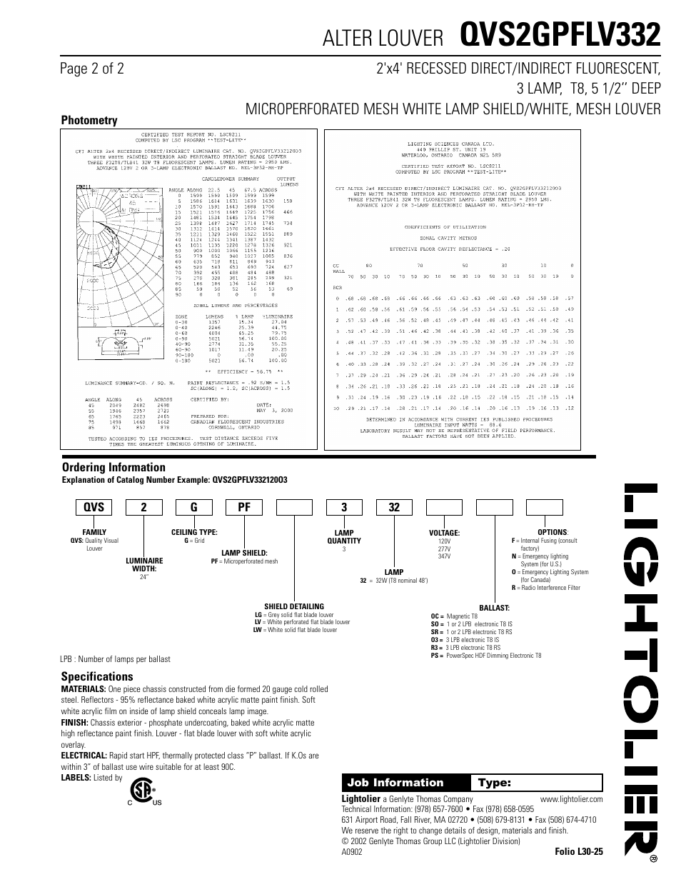 Qvs2gpflv332, Alter louver, Specifications | Ordering information, Qvs 2 g pf 3 32, Photometry | Lightolier Alter Louver QVS2GPFLV332 User Manual | Page 2 / 2