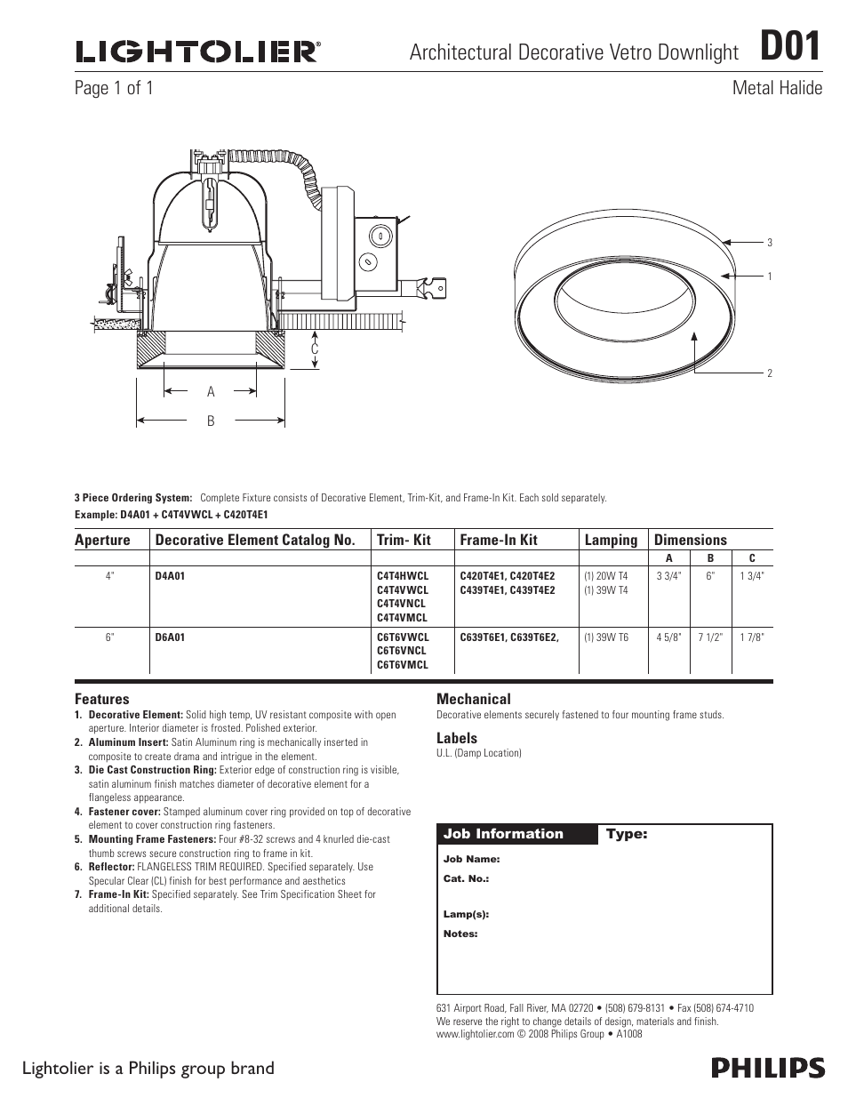 Lightolier Architectural Decorative Vetro Downlight D01 User Manual | 1 page