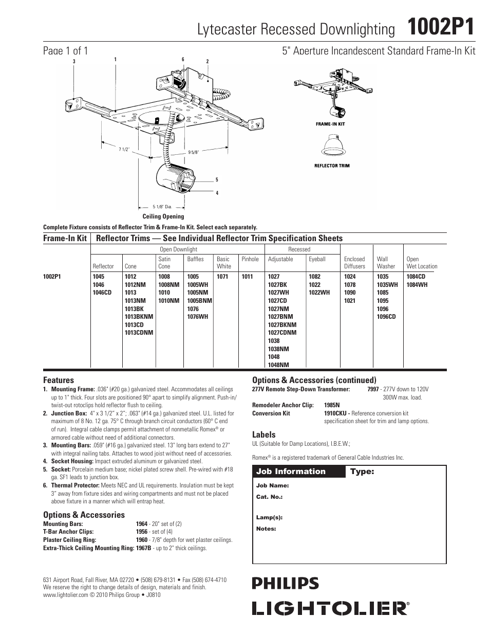 Lightolier 1002P1 User Manual | 1 page