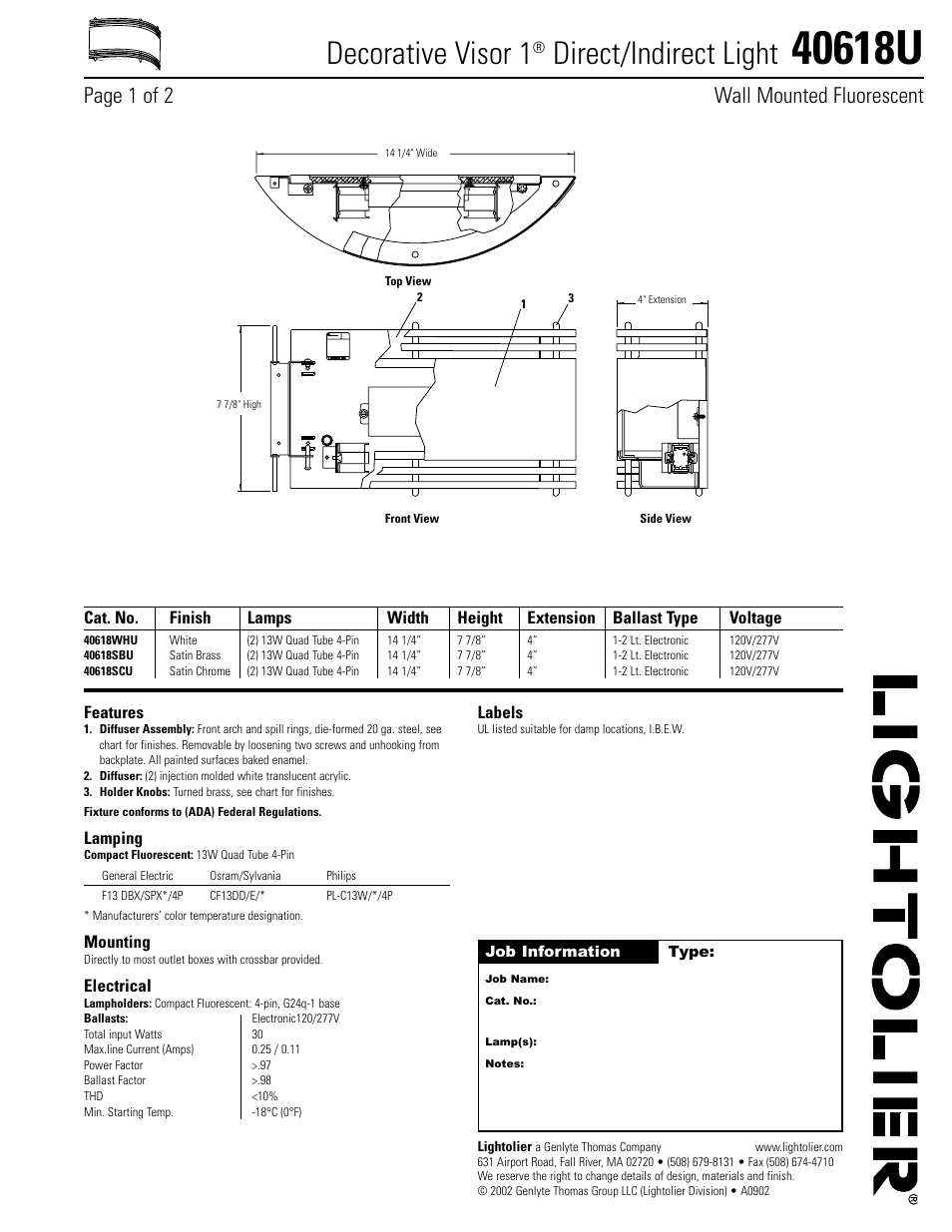 Lightolier 40618U User Manual | 2 pages