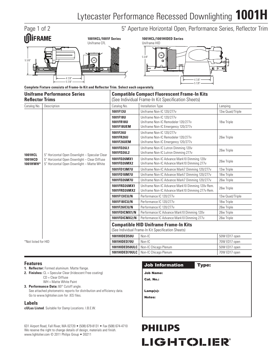 Lightolier 1001H User Manual | 2 pages