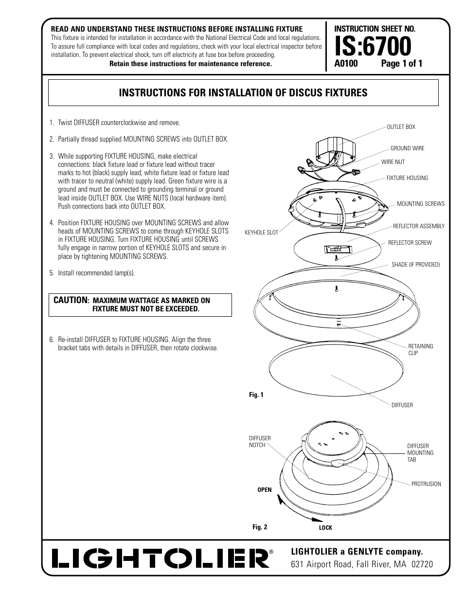 Lightolier A0100 User Manual | 1 page