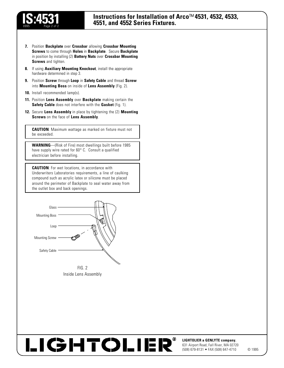 Is:4531, Instructions for installation of arco | Lightolier Arco 4531 User Manual | Page 2 / 2