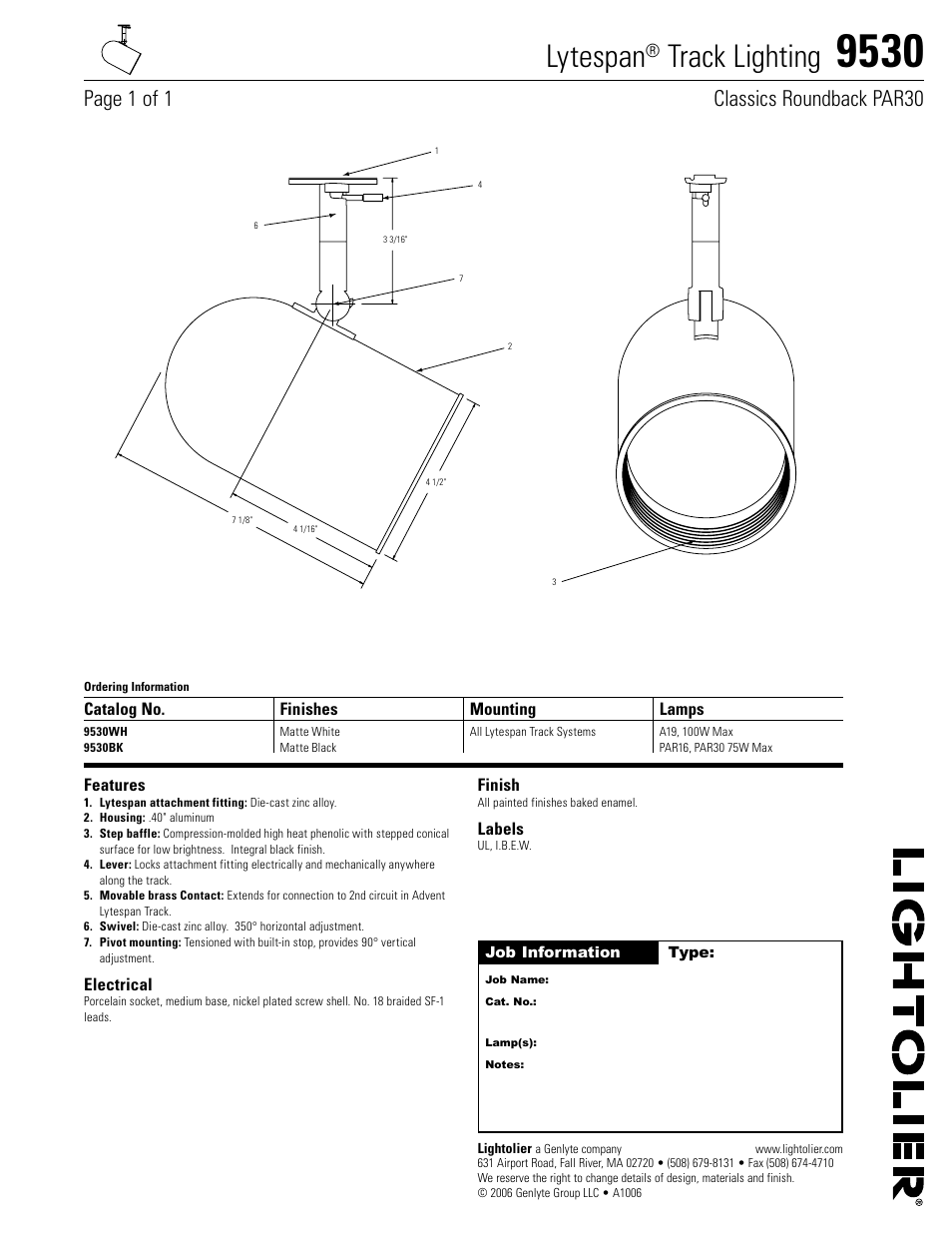 Lightolier Lytespan Track Lighting 9530 User Manual | 1 page