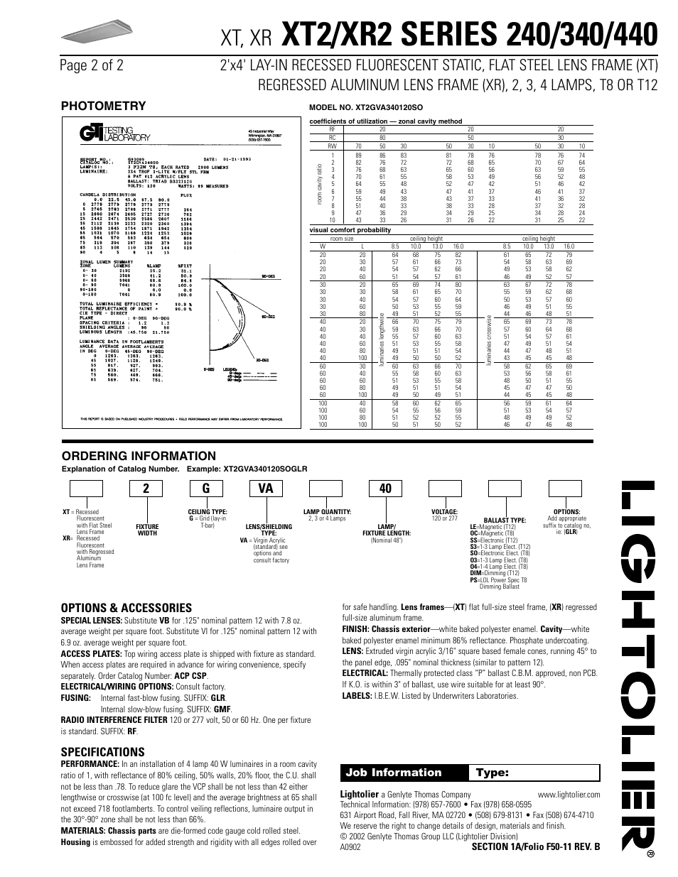 Xt, xr, Options & accessories, Specifications | Photometry, Ordering information, Job information type, Lightolier | Lightolier 440 User Manual | Page 2 / 2