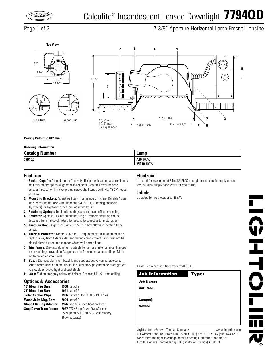 Lightolier 7794QD User Manual | 2 pages