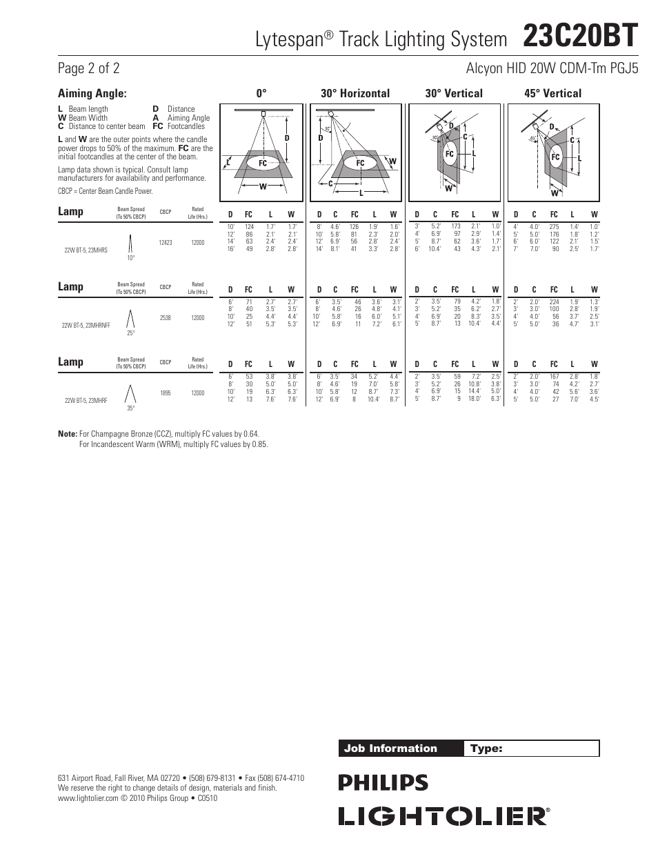 23c20bt, Lytespan, Track lighting system | Lamp, Job information type | Lightolier Alcyon 23C20BT User Manual | Page 2 / 2