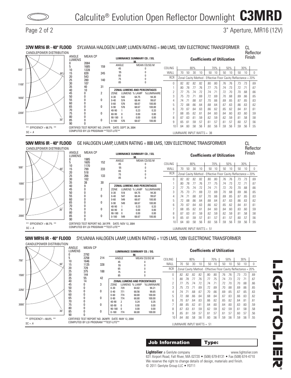 C3mrd, Calculite, Evolution open reflector downlight | Job information type, Cl reflector finish cl reflector finish, Lightolier, Coefficients of utilization | Lightolier C3MRD User Manual | Page 2 / 2