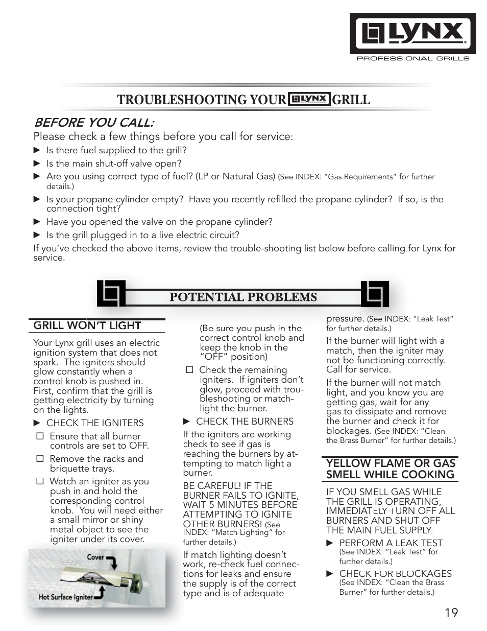 Troubleshooting your lynx ll grill, Before you call | Lynx Professional Grills 42" Free Standing Grill L42PSR-1 User Manual | Page 19 / 48