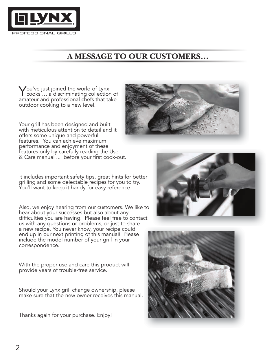 A message to our customers | Lynx Professional Grills 42" Free Standing Grill L42PSR-1 User Manual | Page 2 / 48