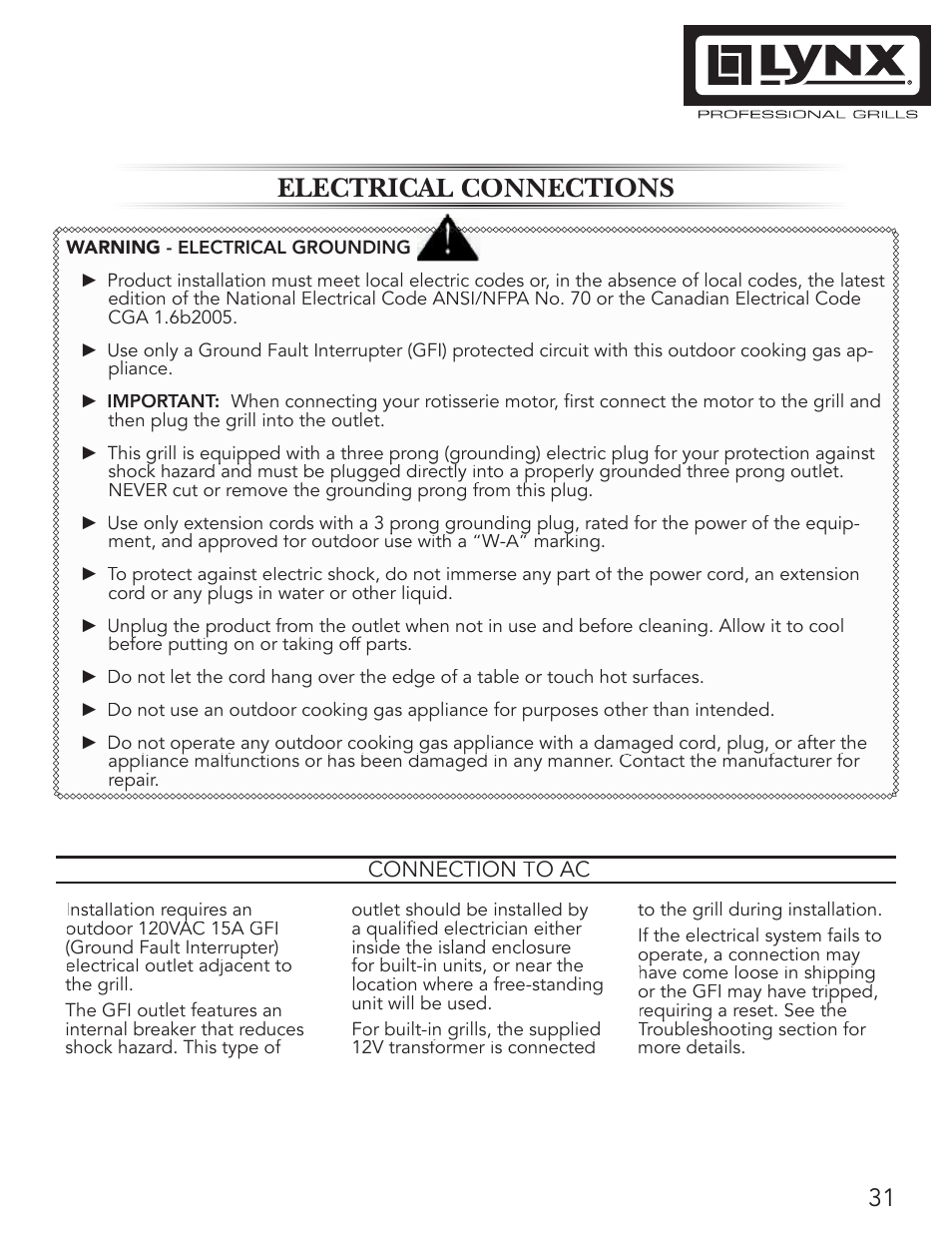 Electrical conne ca ca ctions | Lynx Professional Grills 42" Free Standing Grill L42PSR-1 User Manual | Page 31 / 48