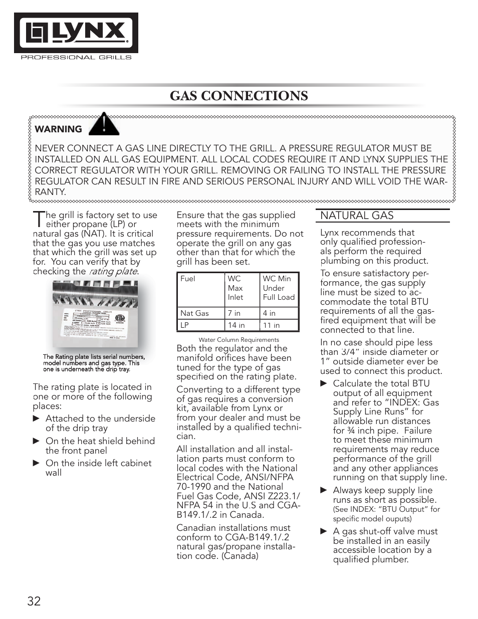 Gas connections, Natural gas | Lynx Professional Grills 42" Free Standing Grill L42PSR-1 User Manual | Page 32 / 48