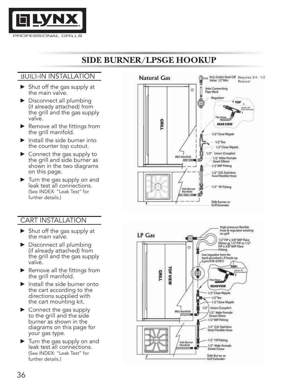 Side burner/lpsge hookup | Lynx Professional Grills 42" Free Standing Grill L42PSR-1 User Manual | Page 36 / 48